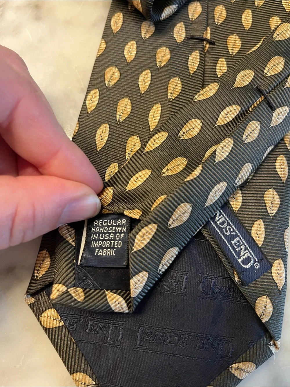 Lands' End Black Tie with Gold Teardrop Pattern